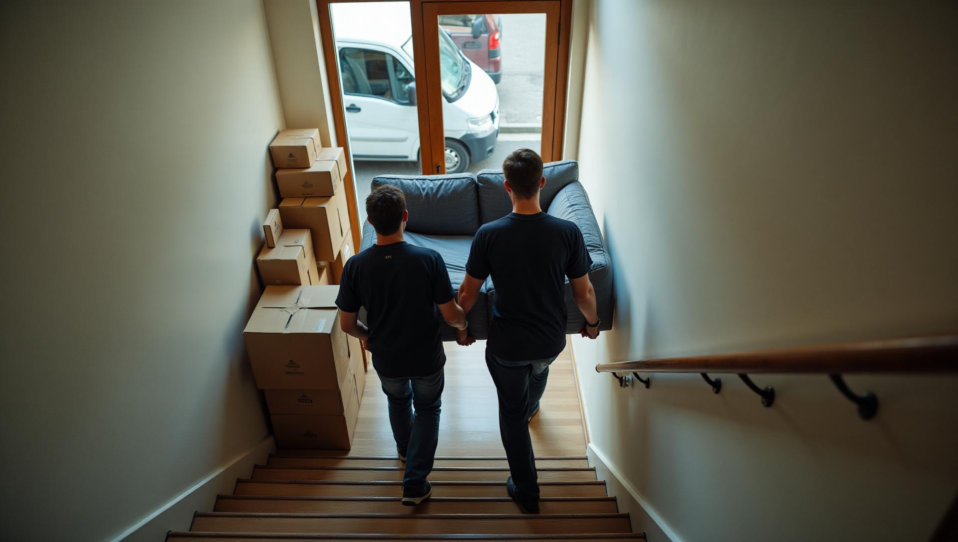 Professionell flyttfirma i Eskilstuna – team bär flyttlådor från lastbil