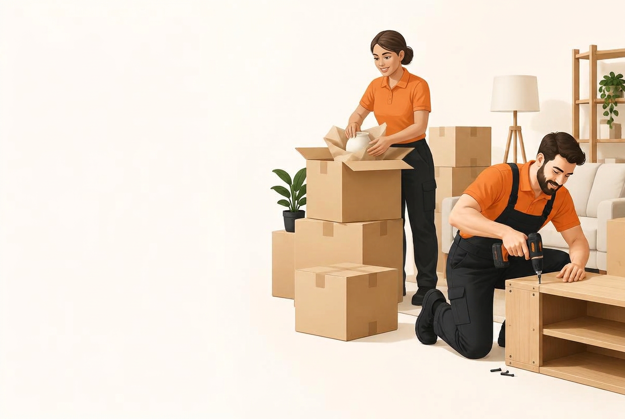 Illustration av flyttkoordinator, packade kartonger och montering