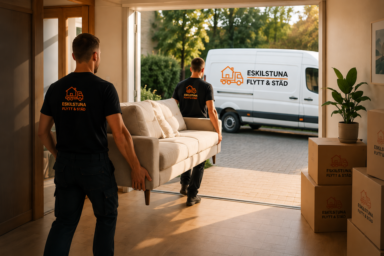 Flyttpersonal från Eskilstuna Flytt & Städ bär en soffa ut till flyttbilen